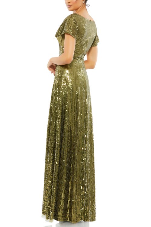 Mac Duggal Sequined Rhinestone-embellished Gown In Olive