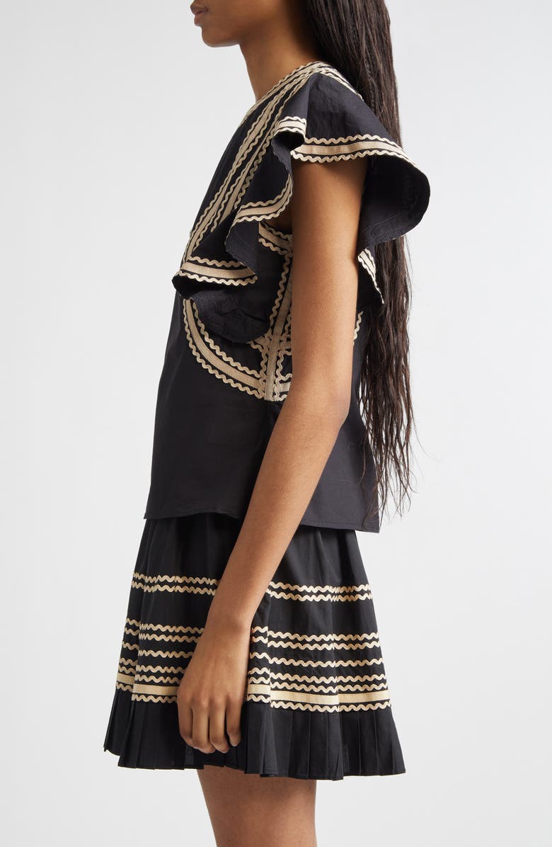 Ulla Johnson Anora Rickrack Trim Cotton Flutter Sleeve Top, Alternate, color, Noir