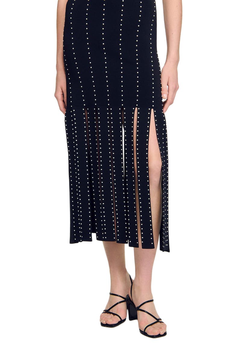 SANDRO Fringed knit midi dress, Alternate, color, Black