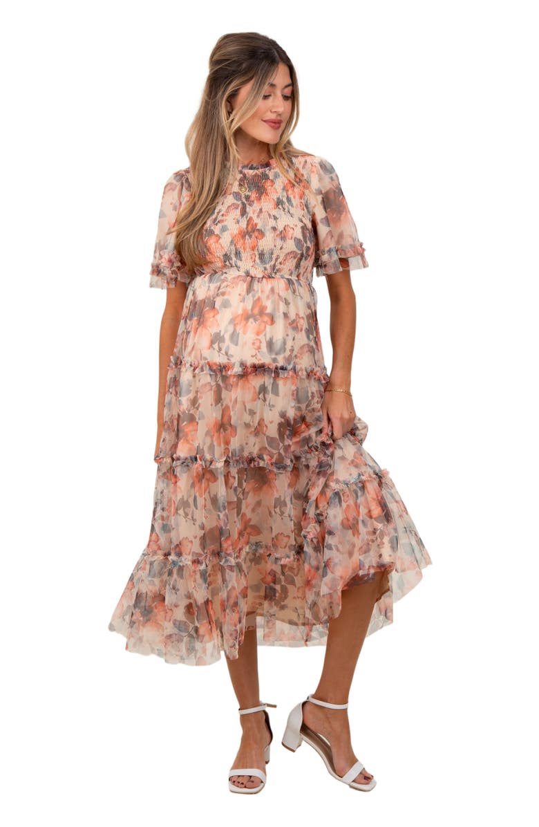 PinkBlush Floral Mesh Smocked Midi Dress, Alternate, color,