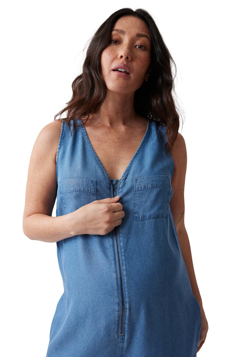 Zip Chambray Maternity Jumpsuit, Alternate, color, MEDIUM WASH CHAMBRAY