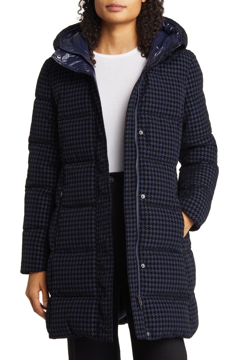 Water Repellent Houndstooth Flocked Puffer Coat, Main, color, NAVY