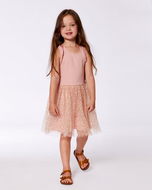 Deux Par Deux Girls' Bi-material Dress With Printed Dots On Mesh Skirt Warm - Big Kid In Warm Old Pink