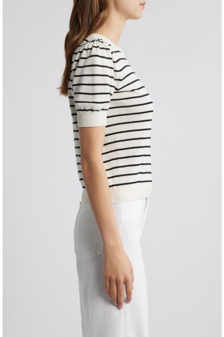 The Gathered Stripe Short Sleeve Organic Cotton & Linen Blend Sweater, Alternate, color, CREAM MULTI