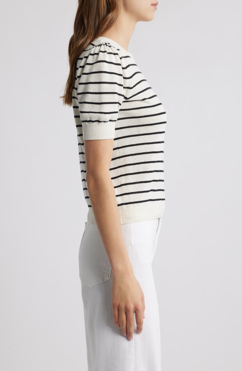 FRAME The Gathered Stripe Short Sleeve Organic Cotton & Linen Blend Sweater, Alternate, color,