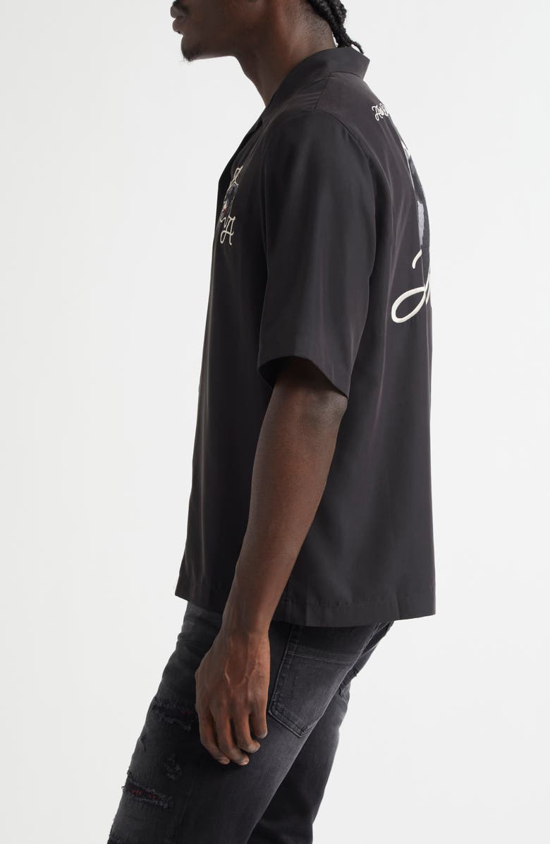 AMIRI Panther Patch Bowling Shirt, Alternate, color, Black