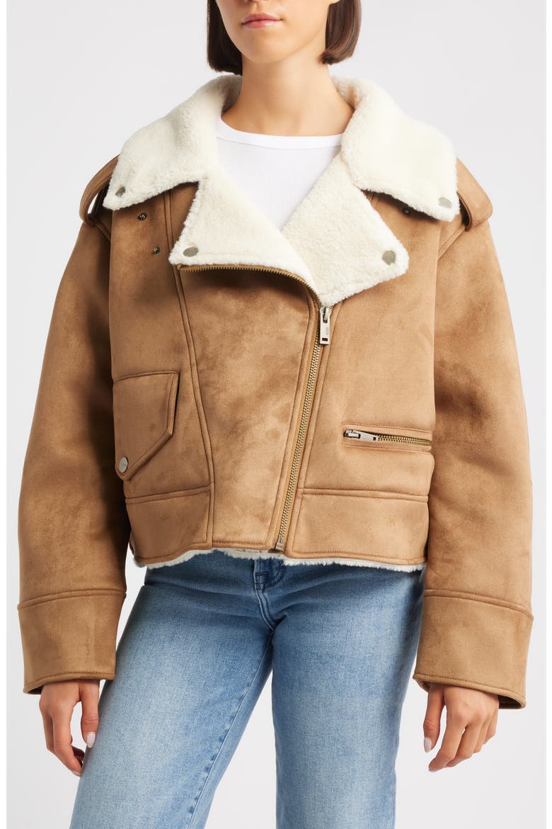 Finnian Oversize Faux Suede & LuxeFluff Moto Jacket, Alternate, color, CHESTNUT