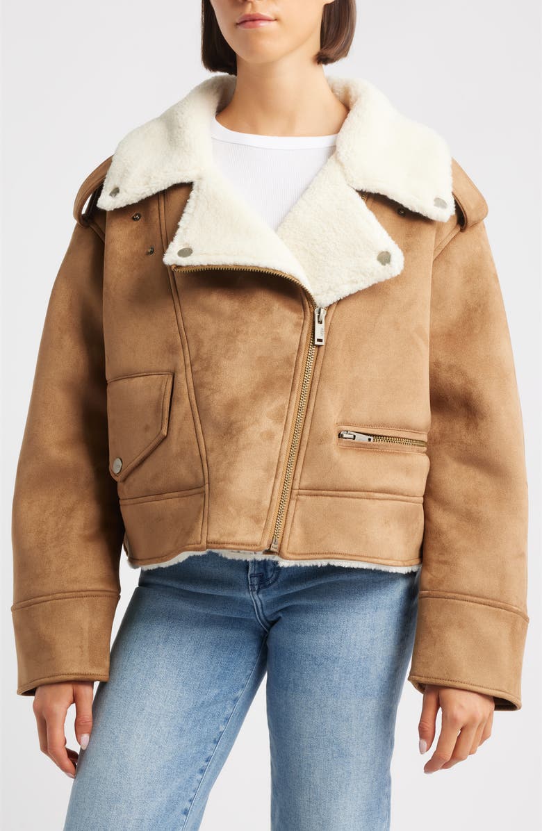 UGG<sup>®</sup> Finnian Oversize Faux Suede & LuxeFluff Moto Jacket, Alternate, color, Chestnut