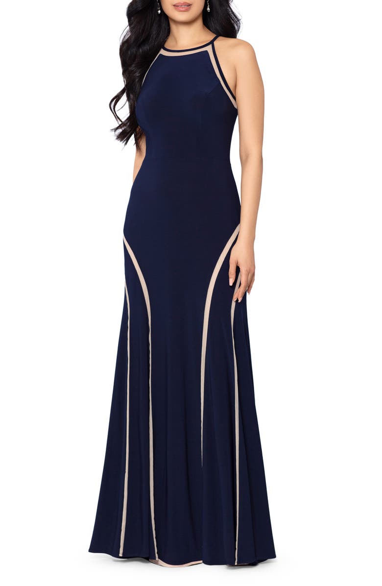 Xscape Evenings Mesh Inset Jersey Trumpet Gown, Main, color,