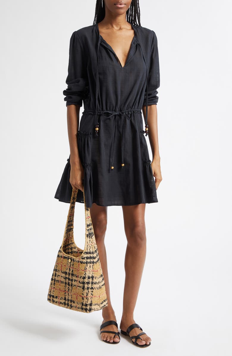 Burberry Lauren Check Long Sleeve Cotton Voile Dress, Alternate, color, Black Ip Check