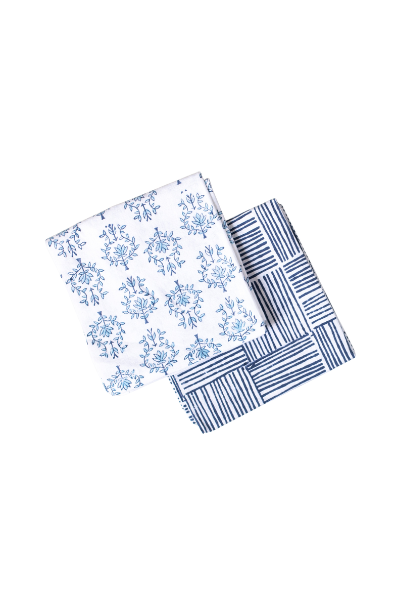 Tea Towel Set - Lotus & Stripe, Main, color, Navy