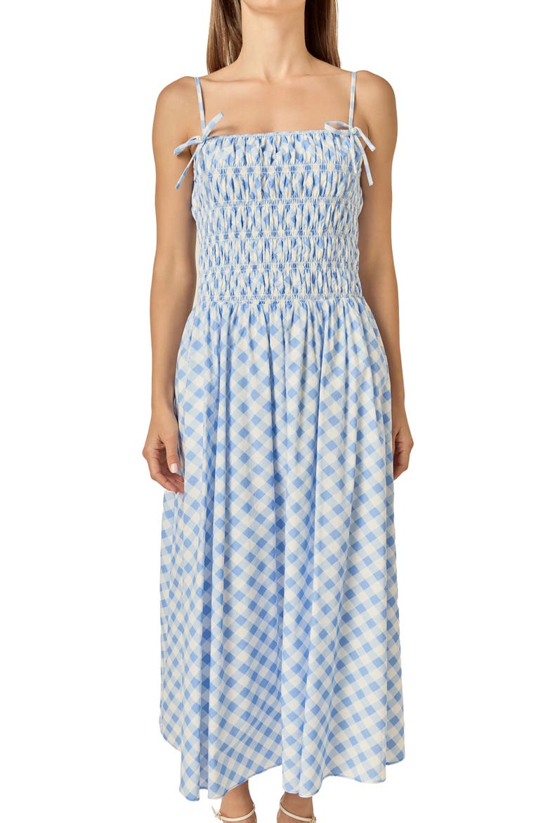 Checked Smocked Sleeveless Midi Dress, Alternate, color, POWDER BLUE