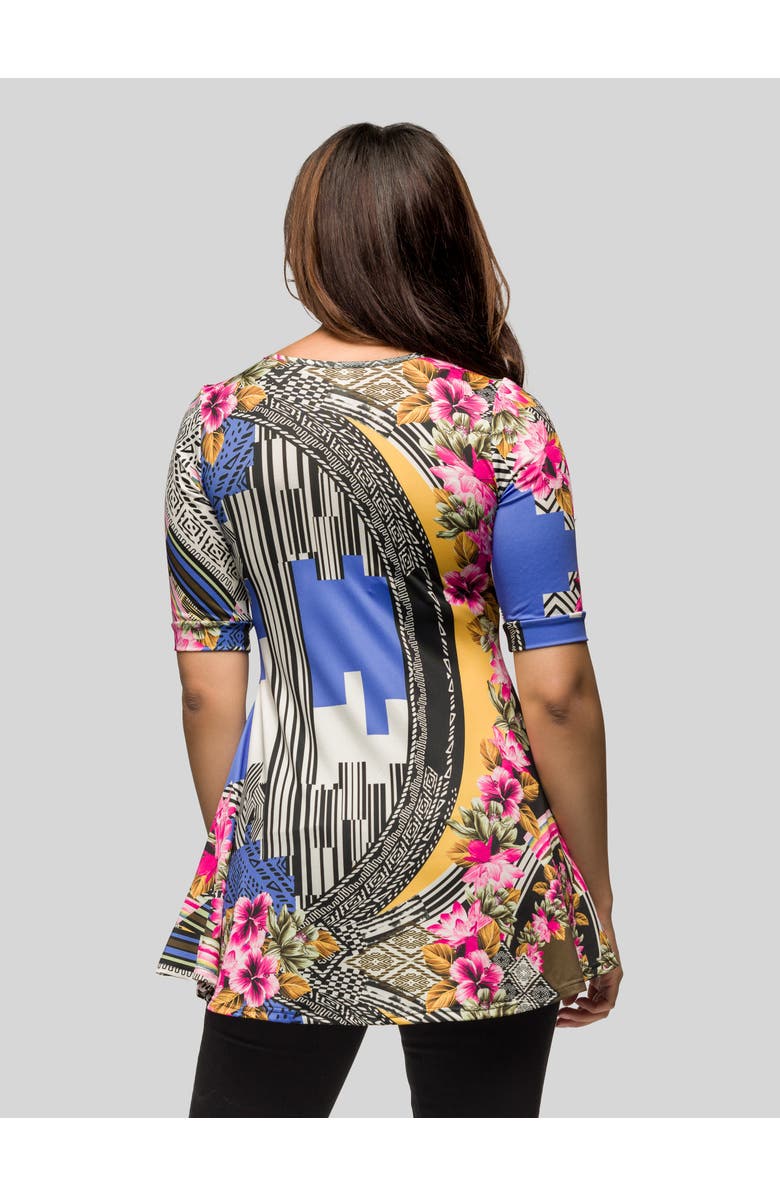 24seven Comfort Apparel Multicolor Floral Print Elbow Sleeve V Neck Henley Tunic Top, Alternate, color, Blue Multi