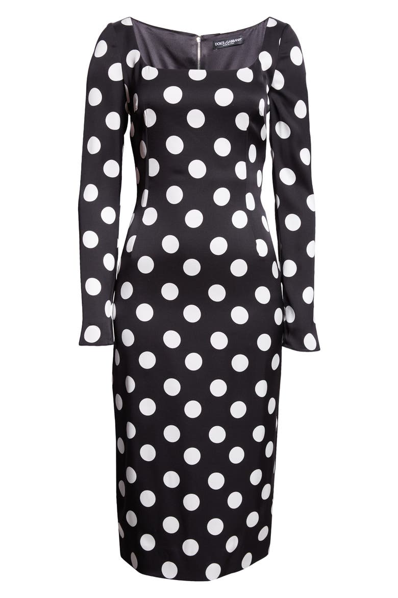 Polka Dot Long Sleeve Charmeuse Sheath Dress, Alternate, color, NERO