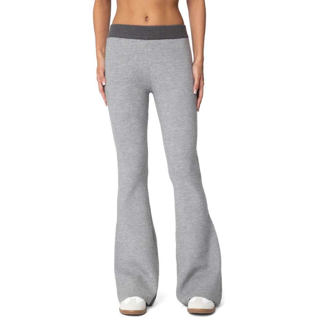 EDIKTED Lei Contrast Trim Flare Knit Pants in Gray at Nordstrom, Size Small