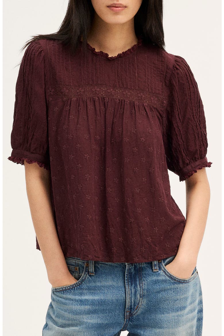 Embroidered Pintuck Crewneck Voile Top, Main, color, SMOKED CLARET