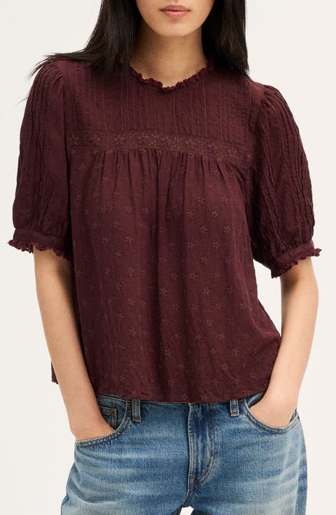 Embroidered Pintuck Crewneck Voile Top
