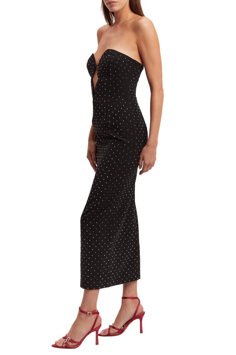 Eleni Studded Strapless Plunge Neck Midi Dress, Alternate, color, BLACK