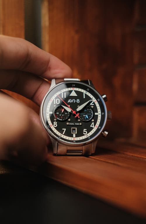 Avi-8 Men's Hawker Hurricane Carey Dual Time Rangoon Silver-tone Solid Stainless Steel Bracelet Watch 43mm In Metallic