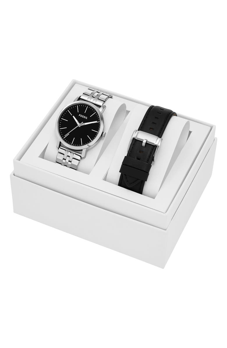 Fossil Luther Three-Hand Interchangeable Strap Gift Set, Alternate, color, Silver