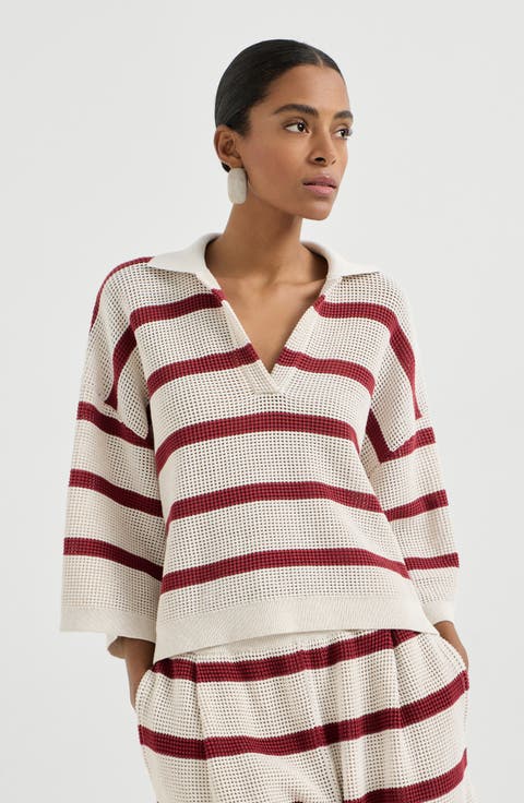Cotton striped net knit polo shirt