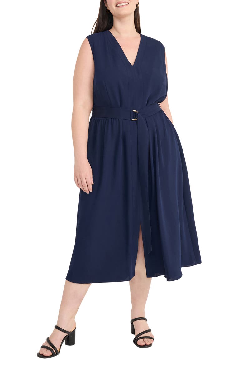 Sleeveless Belted Midi Dress, Main, color, NAVY BLAZER