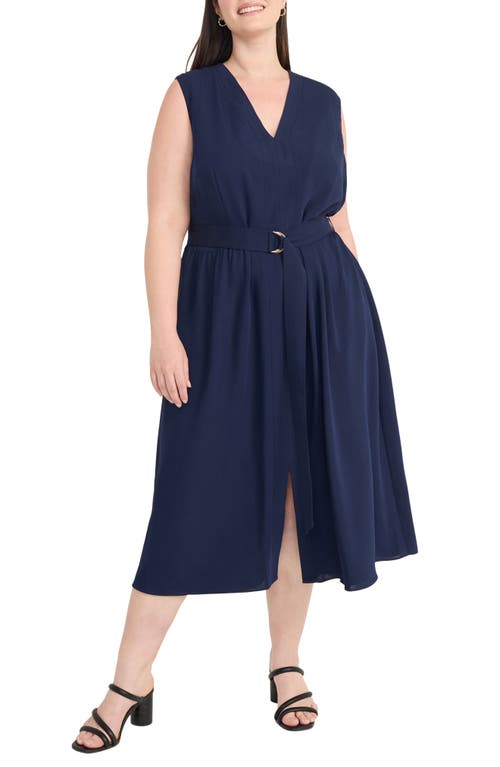 Maggy London Sleeveless Belted Midi Dress In Navy Blazer