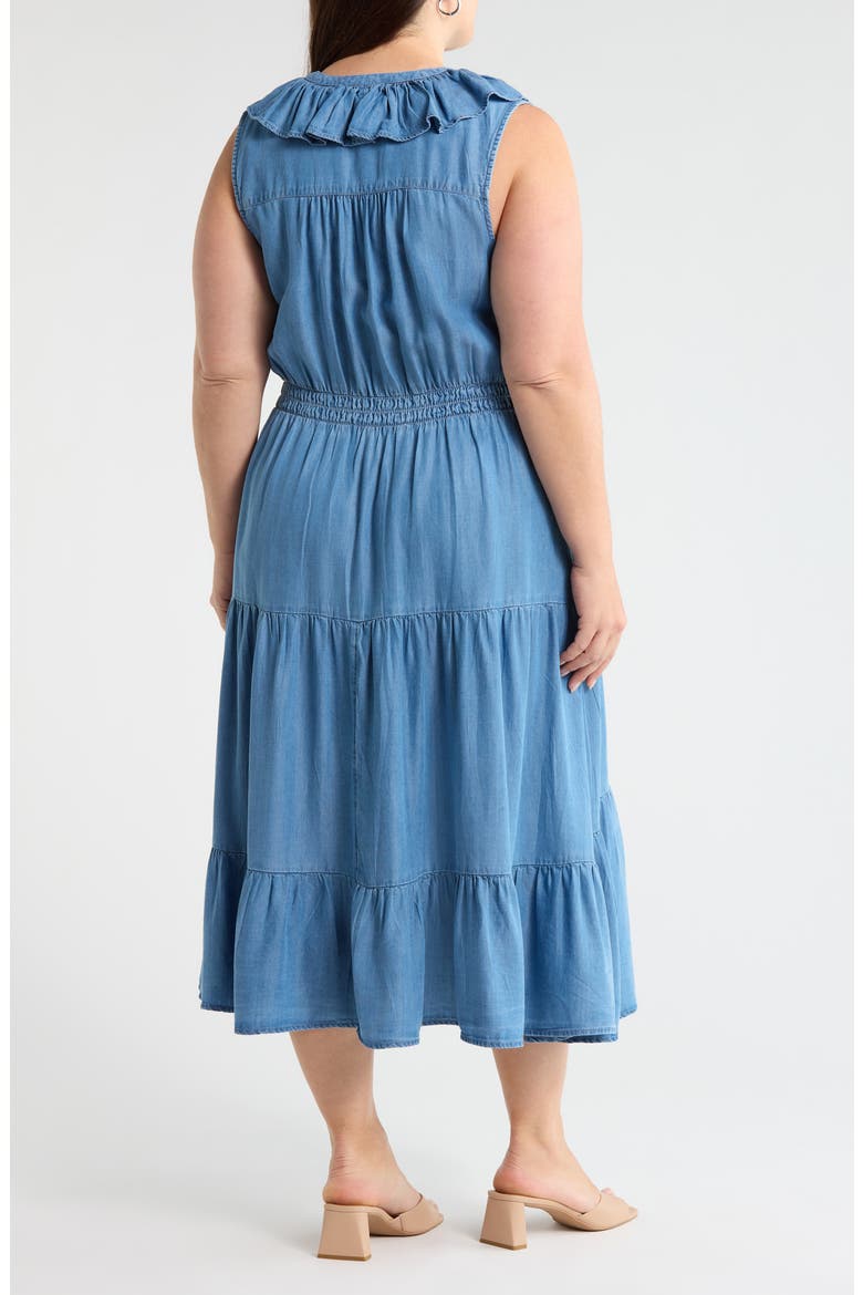 Ruffle Neck Sleeveless Chambray Midi Dress, Alternate, color, MEDIUM WASH