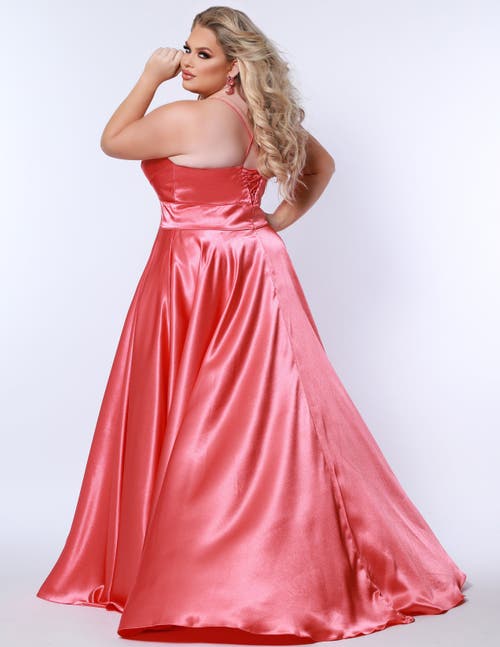 Sydney's Closet Satin A-line Sweetheart Lace-up Plus Size Evening Gown In Apricot
