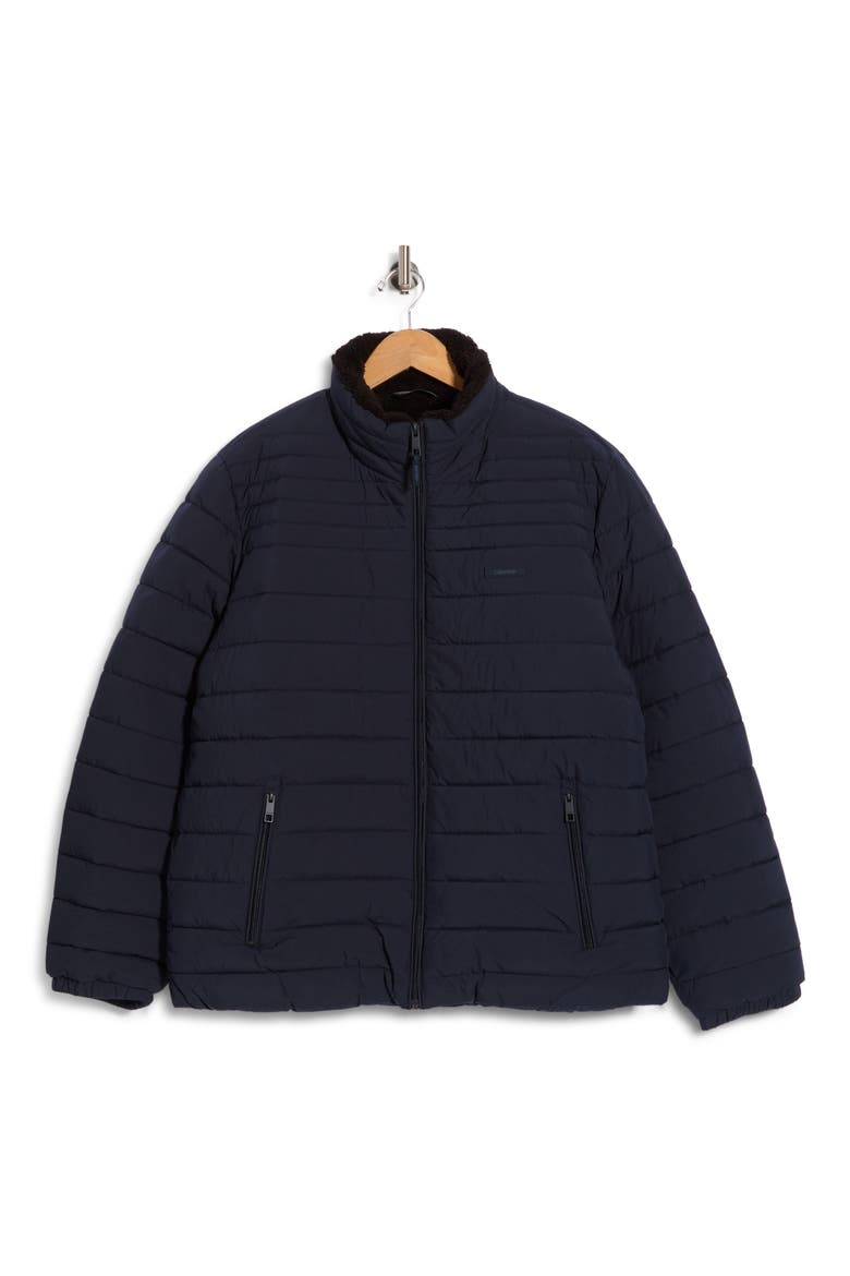 Stretch Faux Fur Lined Puffer Jacket, Main, color, NAVY