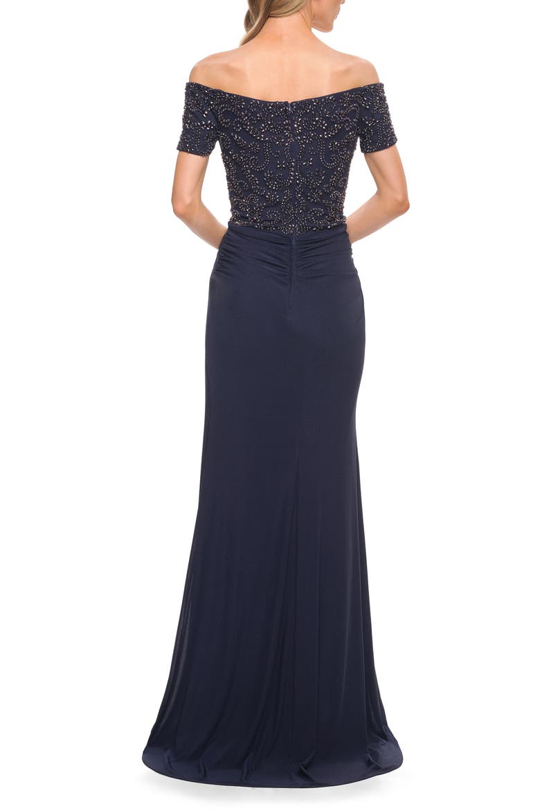 Net Jersey Long Gown with Exquisite Beaded Design, Alternate, color, Navy