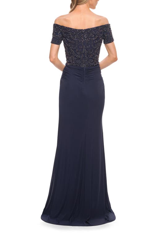 LA FEMME LA FEMME NET JERSEY LONG GOWN WITH EXQUISITE BEADED DESIGN
