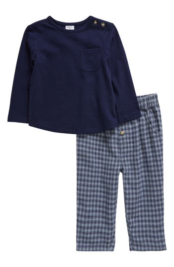 Nordstrom Long Sleeve Cotton T-shirt & Check Flannel Pants Set In Navy Peacoat- Grey Micro Plaid