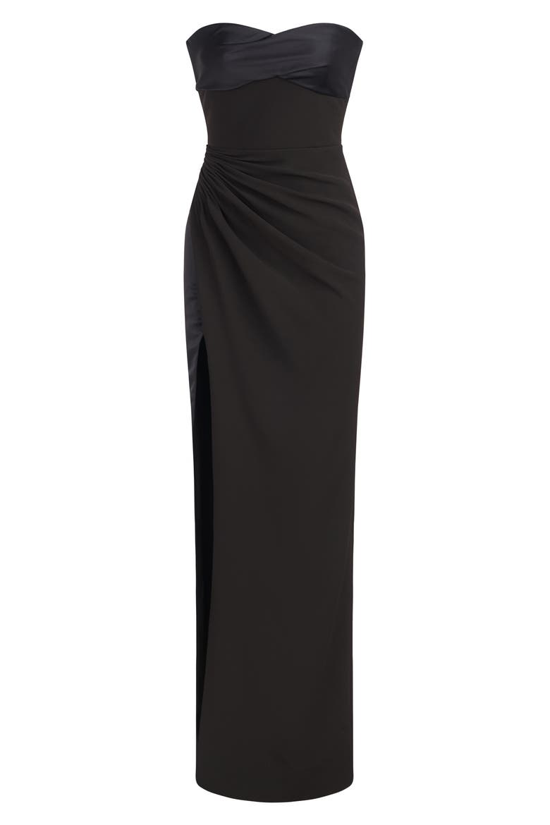 Esther Ruched Strapless Crepe & Satin Gown, Alternate, color, BLACK