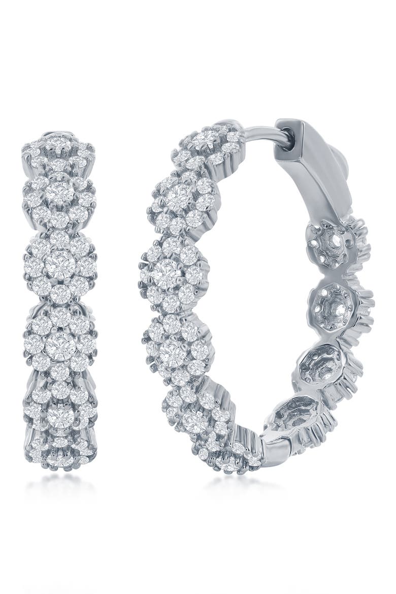 Sterling Silver CZ Flower Hoop Earrings, Main, color, SILVER