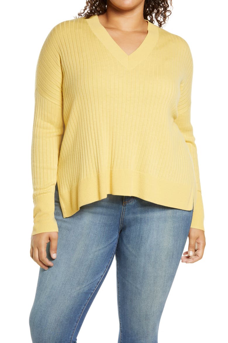 Wide Ribbed V-Neck Pullover, Main, color, YELLOW RATTAN