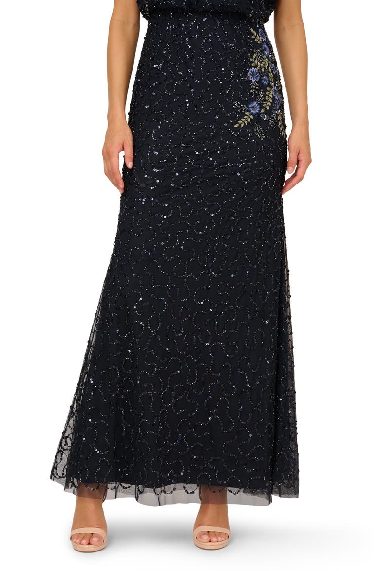 Beaded Illusion Lace Blouson Mermaid Gown, Alternate, color, MIDNIGHT MULTI