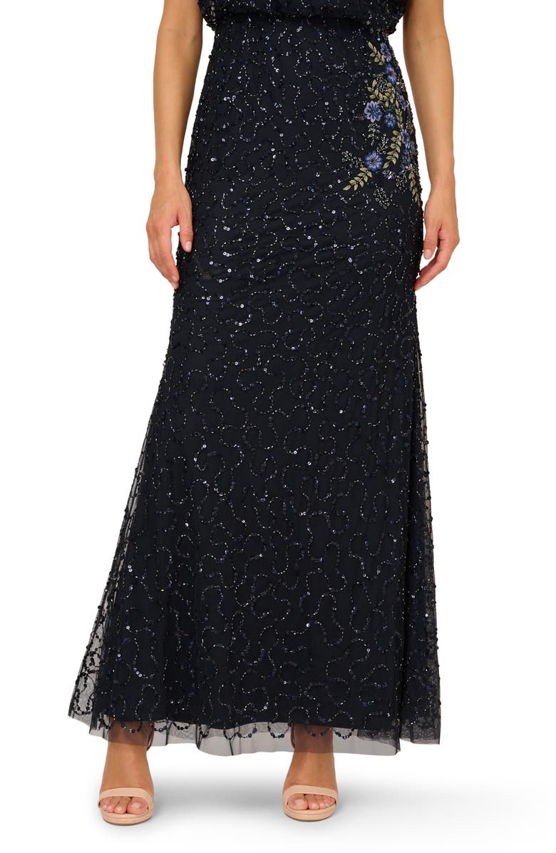 Adrianna Papell Beaded Illusion Lace Blouson Mermaid Gown, Alternate, color, Midnight Multi