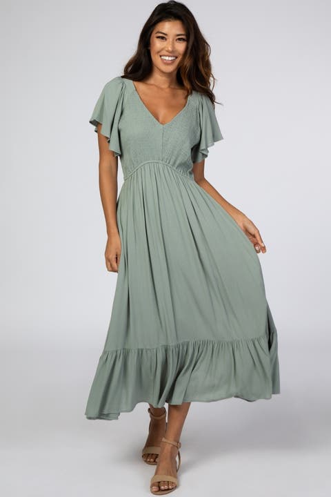 Smocked V-Neck Midi Dress
