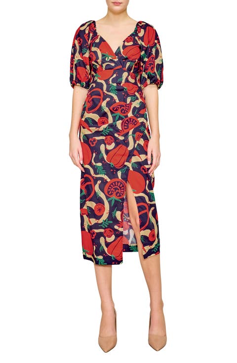Puff Sleeve Poplin Faux Wrap Midi Dress
