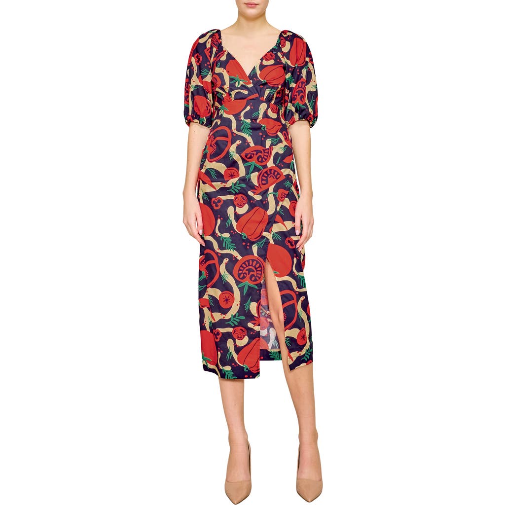 Melloday Puff Sleeve Poplin Faux Wrap Midi Dress In Red Multi