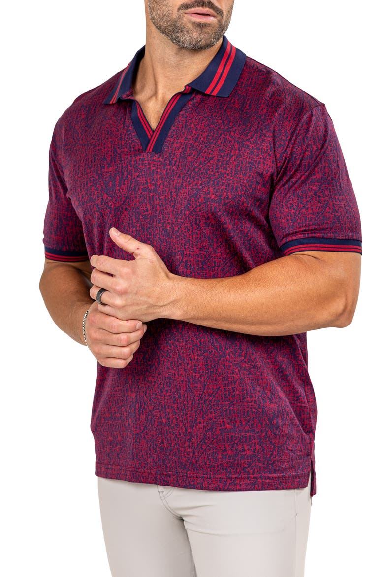 Marthyr Grid Print Johnny Collar Cotton Polo, Alternate, color, RED