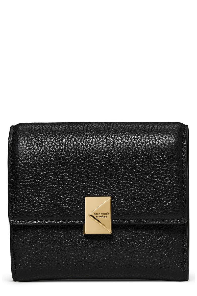 deco small pebbled leather flat wallet, Main, color, BLACK