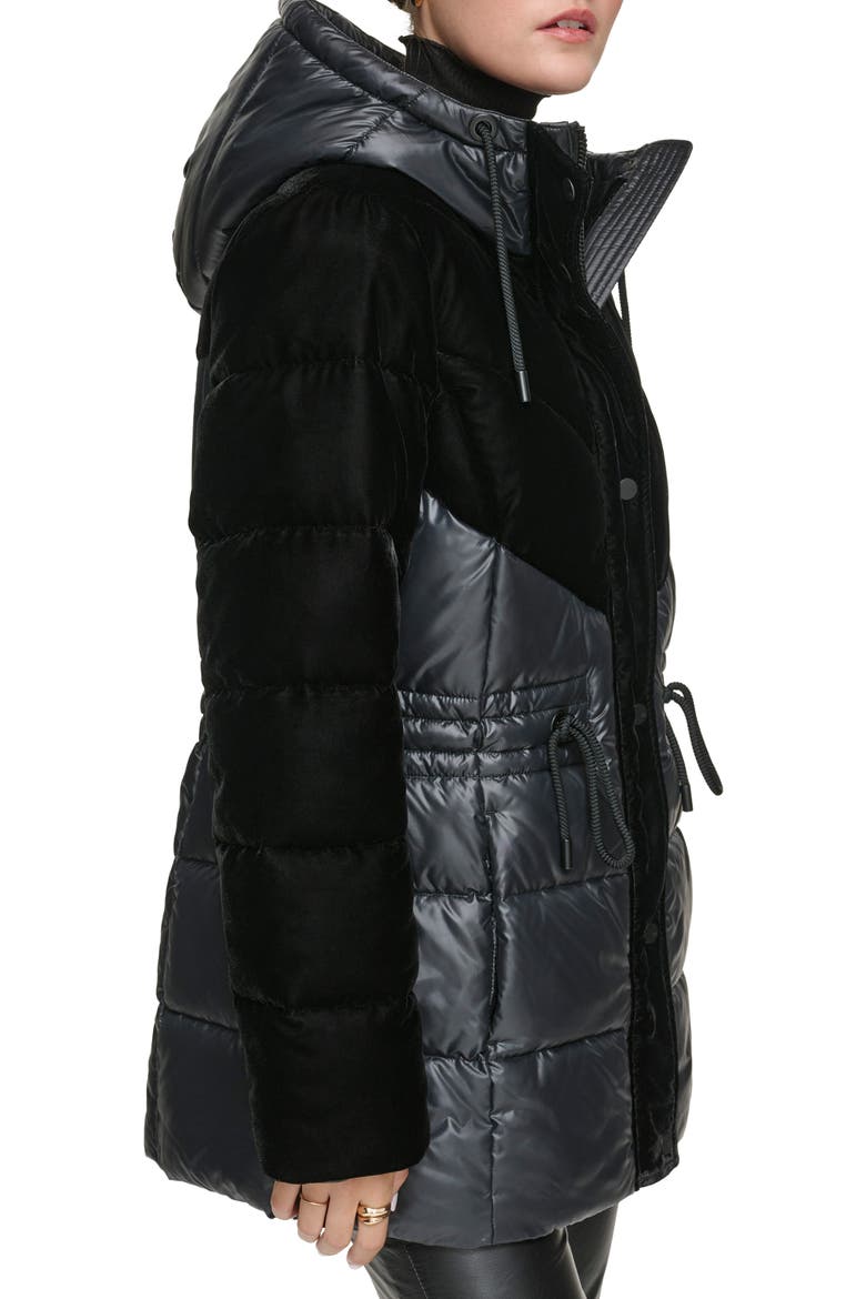 Velvet Panel Hooded Puffer Jacket, Alternate, color, BLACK