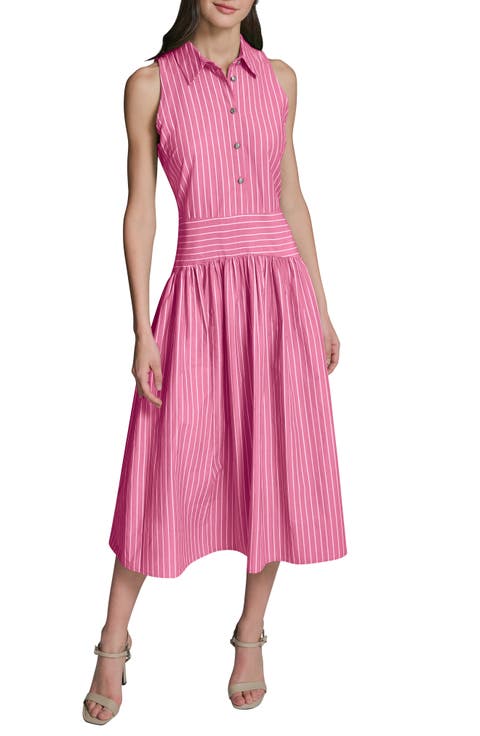 Stripe Sleeveless Cotton Blend Midi Shirtdress