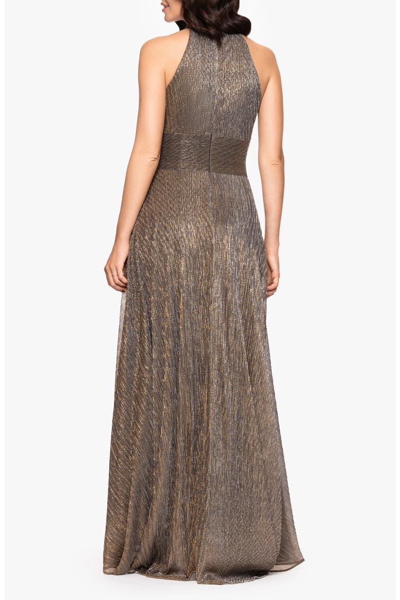 Halter Neck Sleeveless Crinkled Metallic A-Line Gown, Alternate, color, MOCHA/ GOLD