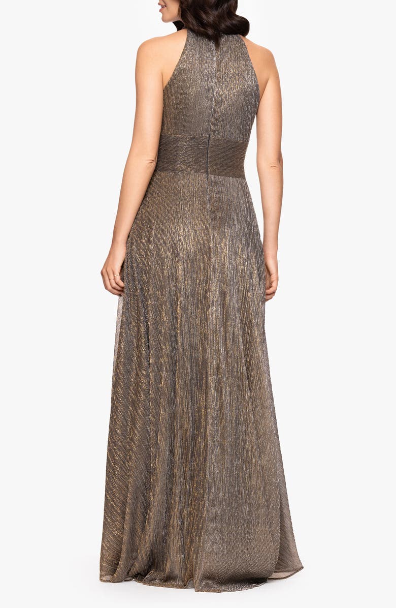 Betsy & Adam Halter Neck Sleeveless Crinkled Metallic A-Line Gown, Alternate, color, Mocha/ Gold