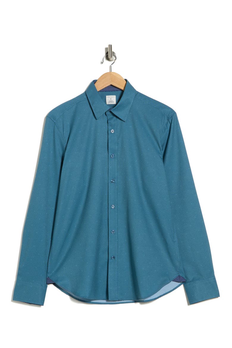 Quad Geo Print Stretch Button-Up Shirt, Alternate, color, PEACOCK