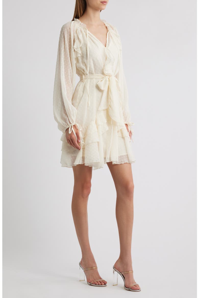 Dotty Ruffle Tie Waist Long Sleeve Dress, Alternate, color, NEUTRAL