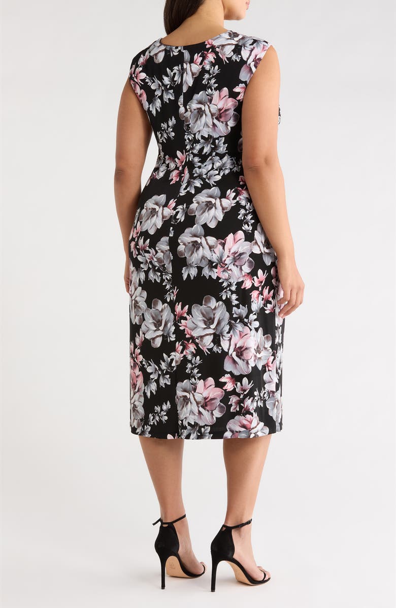 Connected Apparel Floral Cowl Neck Cap Sleeve Midi Dress, Alternate, color, Black